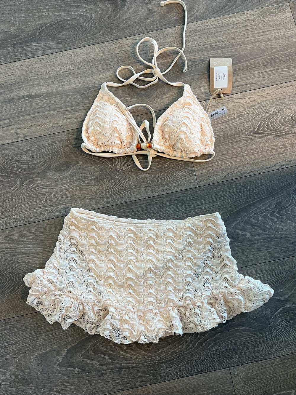 NWT Cream Lace Bikini Top & Ruffle Skirt Set